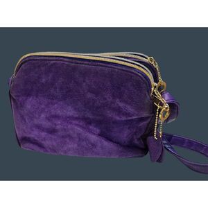 Purple Suede Leather Crossbody Bag Adjustable Strap & Gold-Tone Zippers bling